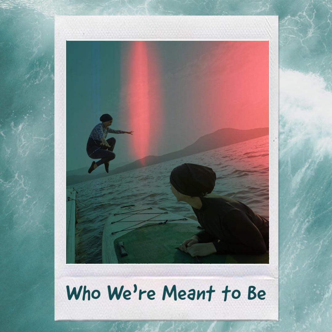 Polaroid photo of two teens at a lake, jumping off a dock and clinging to a paddleboard. Written at the bottom of the photo it says, "Who We're Meant to Be." Background is a photo of water and waves from above.