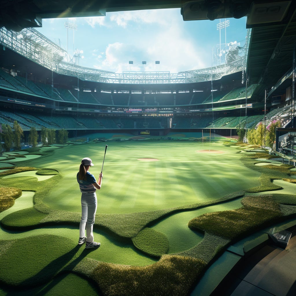 someone playing golf in a baseball stadium