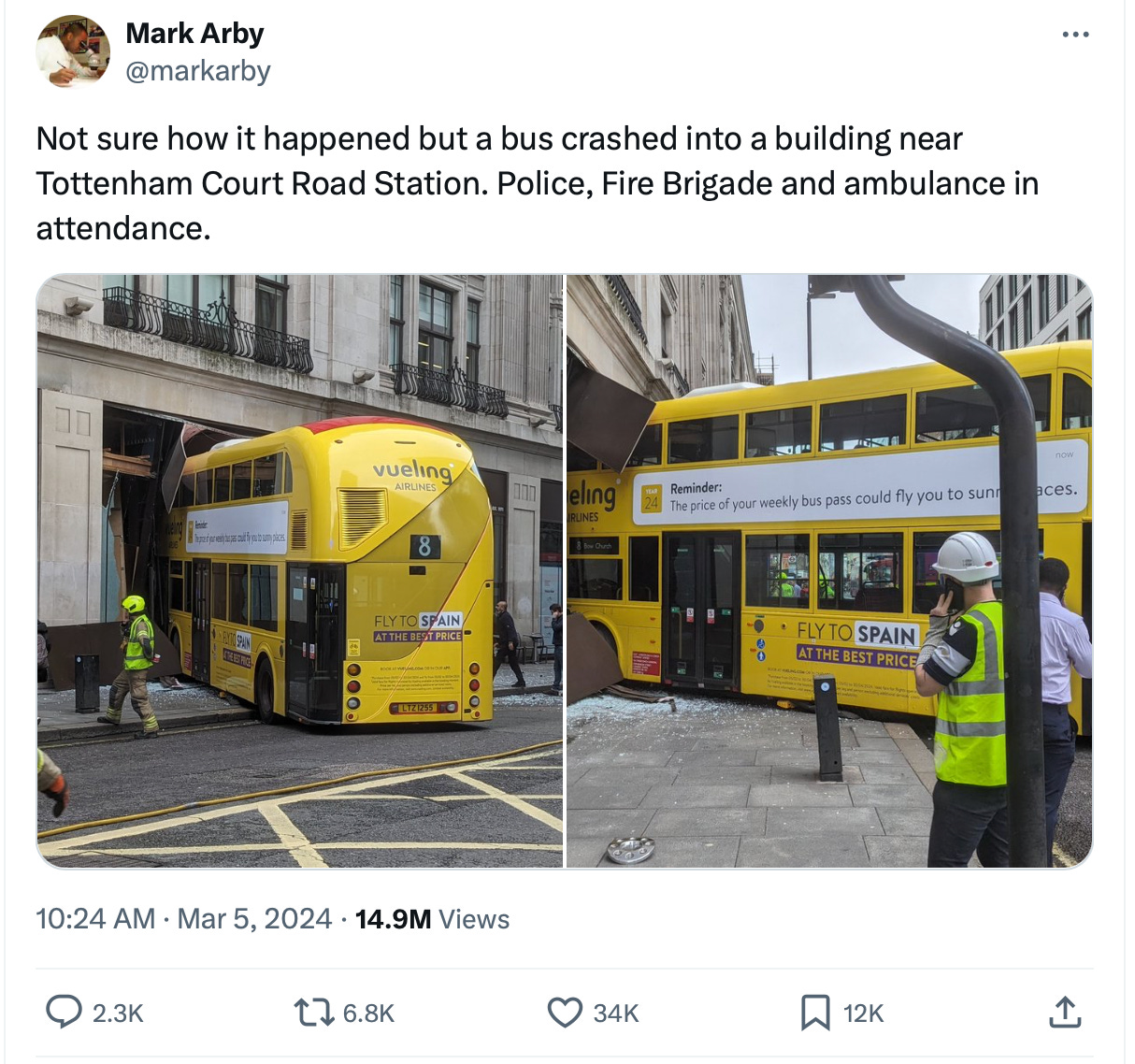 Mark Arby tweet: Not sure how it happened but a bus crashed into a building near Tottenham Court Road Station. Police, Fire Brigade and ambulance in attendance. 