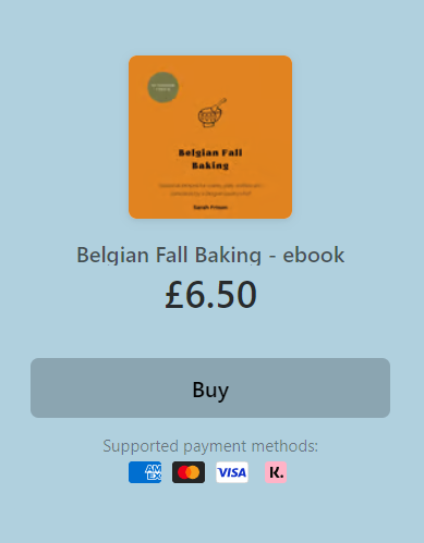 image used as buy button for English version; blue background, orange book cover image, book title, price of £6.5, buy button in other shade of blue and payment options; cards, klarna