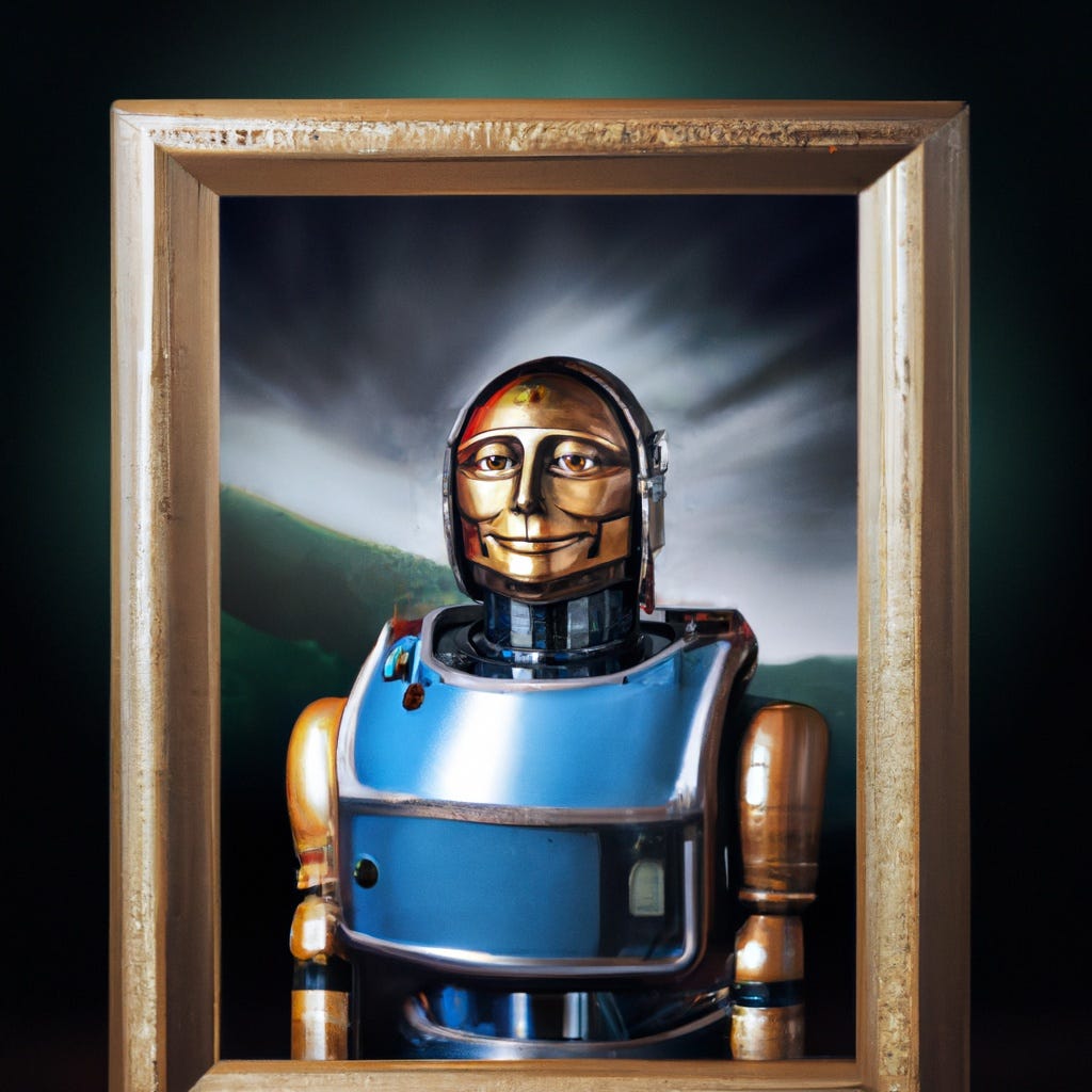 A framed picture of a robot whose gentle smile bears a striking resemblance to the Mona Lisa 