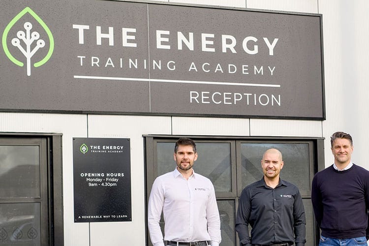 From left to right: ETA co-founders Mark Glasgow and Andrew Lamond with Barry Sharp of Renewable Heat. Source: The Midlothian View