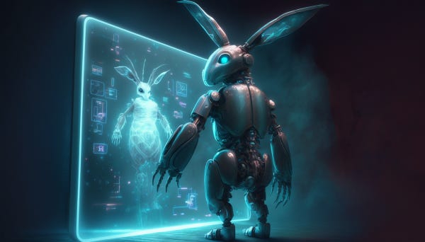 A robot rabbit standing in front of a blue glowing holographic UI screen.