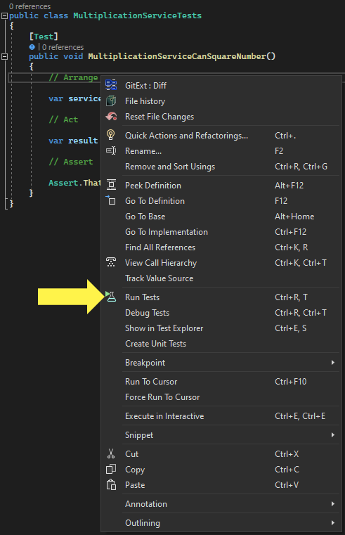 Screenshot of a unit test in Visual Studio. The right-click menu is visible and the Run Tests option has been highlighted.