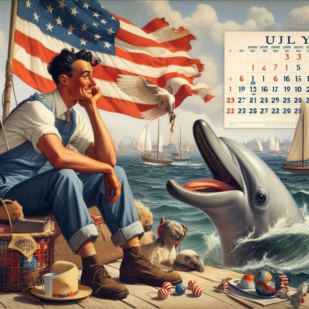 A dolphin smiles at a ragged American flag.