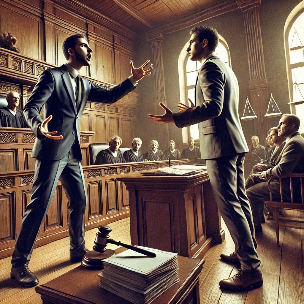 A courtroom scene with two lawyers passionately arguing their cases. One lawyer is gesturing with their hands, while the other is holding a stack of papers. The courtroom has a judge seated at the bench, listening intently. The room is wood-paneled with high ceilings and filled with legal documents. A jury sits on the side, paying close attention. The lawyers are dressed in professional attire, one in a dark suit and the other in a light gray suit, with an atmosphere of tension and formality.