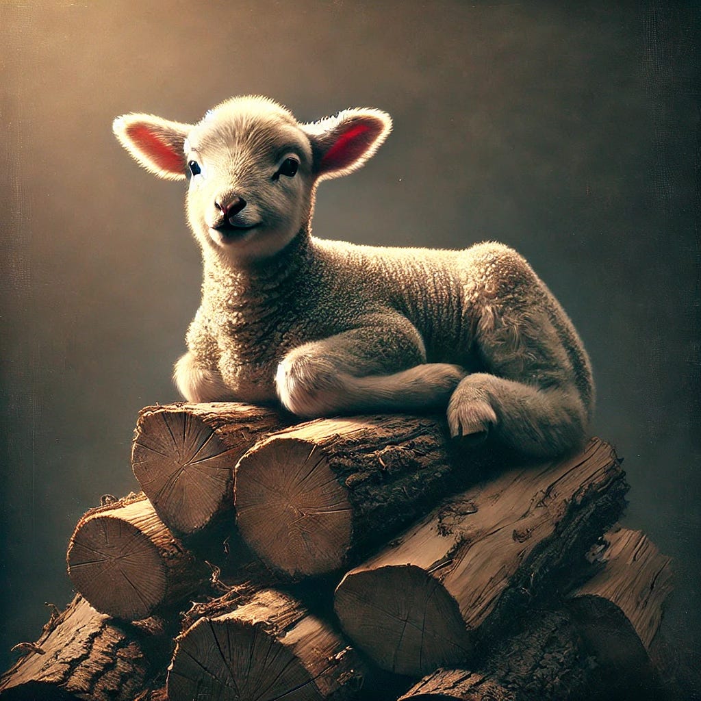 A highly realistic painting depicting the theme of 'Sacrificial Lamb.' A small, innocent lamb with soft white fur lays atop a stack of firewood, its eyes gentle yet unaware of its fate. The background is solemn, with a darkened sky and faint, warm light illuminating the lamb, emphasizing its purity and symbolic sacrifice. The composition conveys deep emotion, evoking themes of offering, innocence, and destiny.
