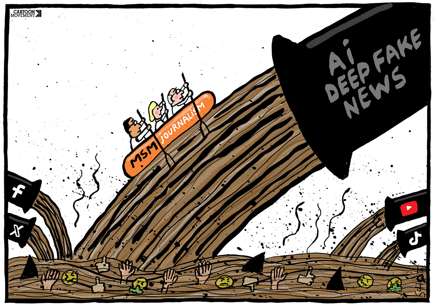 Cartoon showing a rubber boat with journalists paddling against a stream of brown slush that is pouring out of a giant sewer pipe labeled 'AI deep fake news'. Smaller sewer pipes to the left and right are also spewing brown slush and are labeled with the logos of various social media. At the bottom go the cartoon, people are drowning in the excrement.