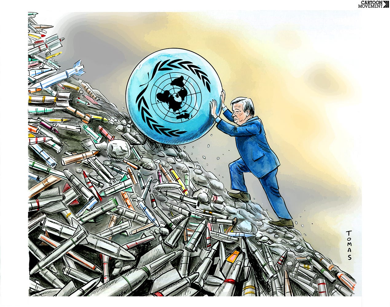 Cartoon showing Antonio Guterres as Sisyphus, pushing a giant boulder with the UN logo on it up a mountain that consists of missiles and rockets.