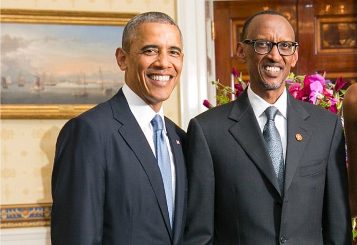 Obama and Rwandan President Paul Kagame who killed three heads of state and whose forces ran open air crematoria to more efficiently dispose of the bodies in the Rwandan killing fields. (Source: chimpreports.com)