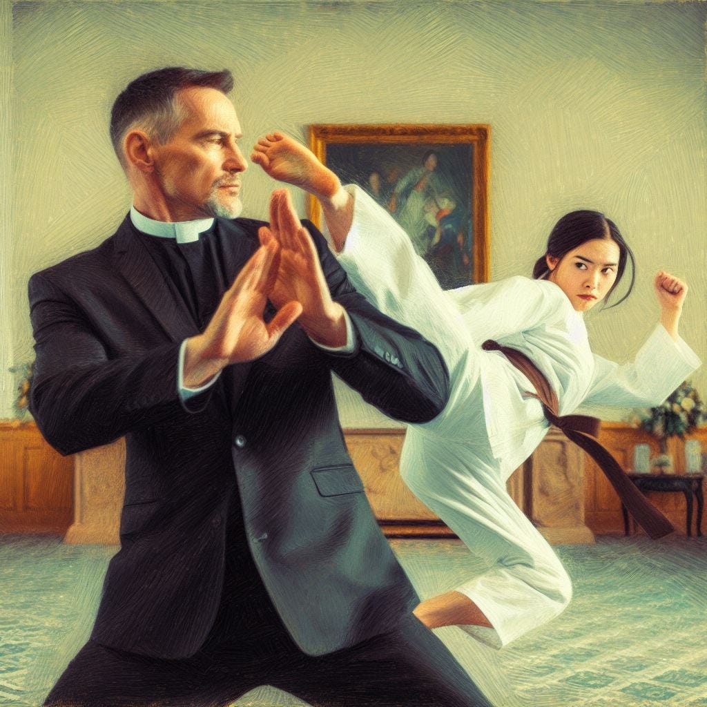 “Over the shoulder shot. A 40 year old man with short black hair and wearing priest robes with his back to the viewer. In front of him, a young Asian woman is doing a jumping kick, her determined face in focus. Background is the inside of a well-decorated house. Dynamic action shot. Impressionist art.”
