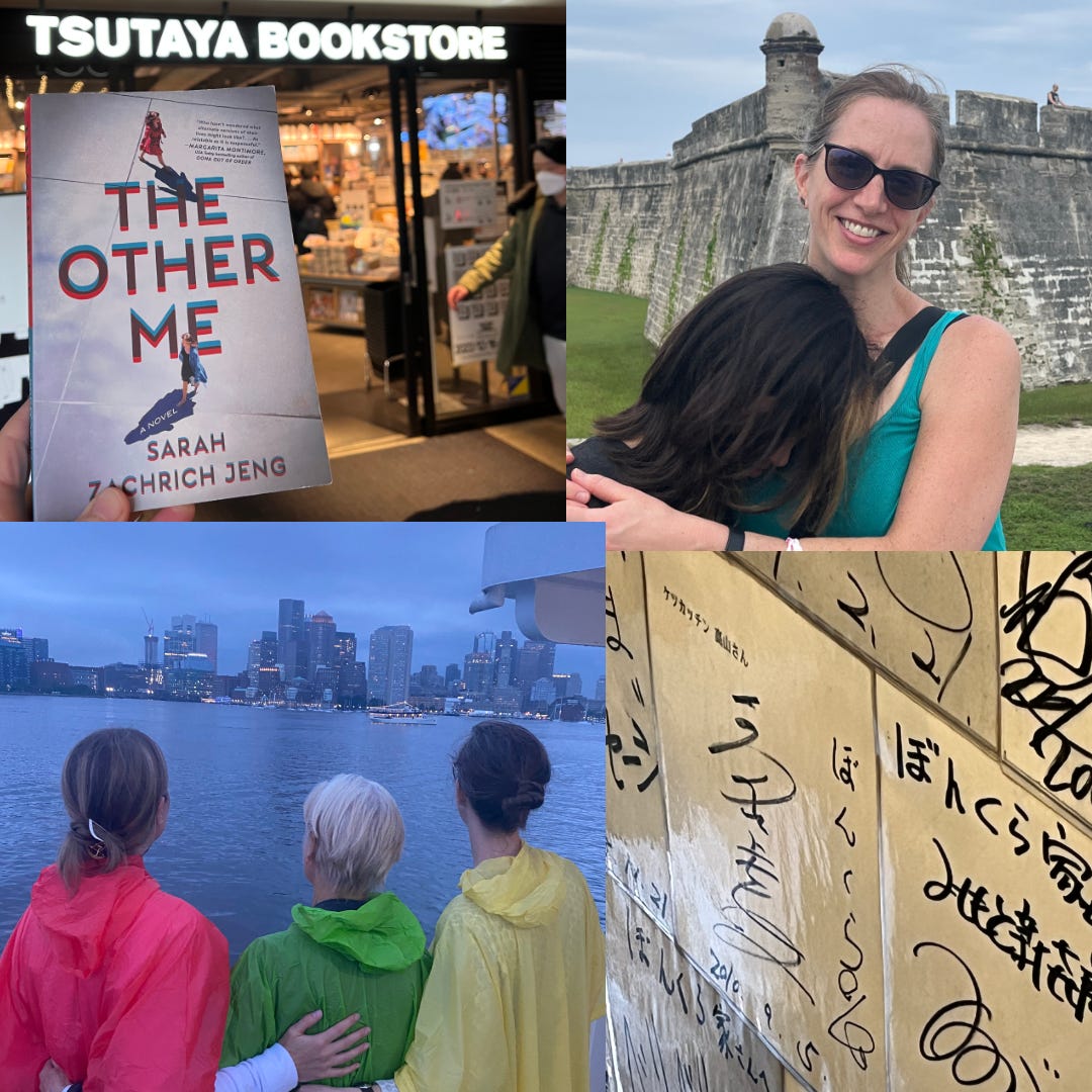 Clockwise from top left: a photo of THE OTHER ME, by Sarah Zachrich Jeng, in front of Tsutaya Bookstore in Tokyo; the author and a totally grateful child in front of Castillo de San Marcos in St. Augustine, Fla.; patrons' writing on a tiled wall of a restaurant entry in Tokyo; three women photographed from the back, wearing brightly colored rain ponchos, with the Boston skyline in the background