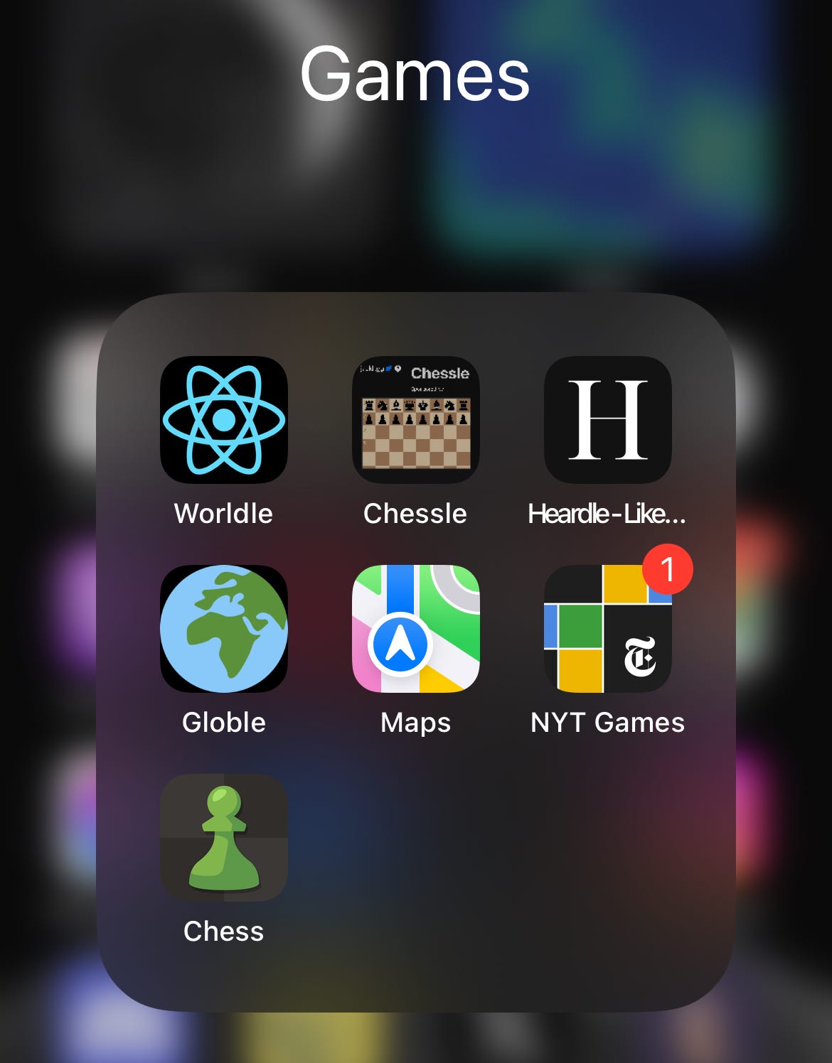 A screen shot of a folder on my phone with several games, including Worldle, Chessle, Heardle, Globle, and the NYTimes Games app