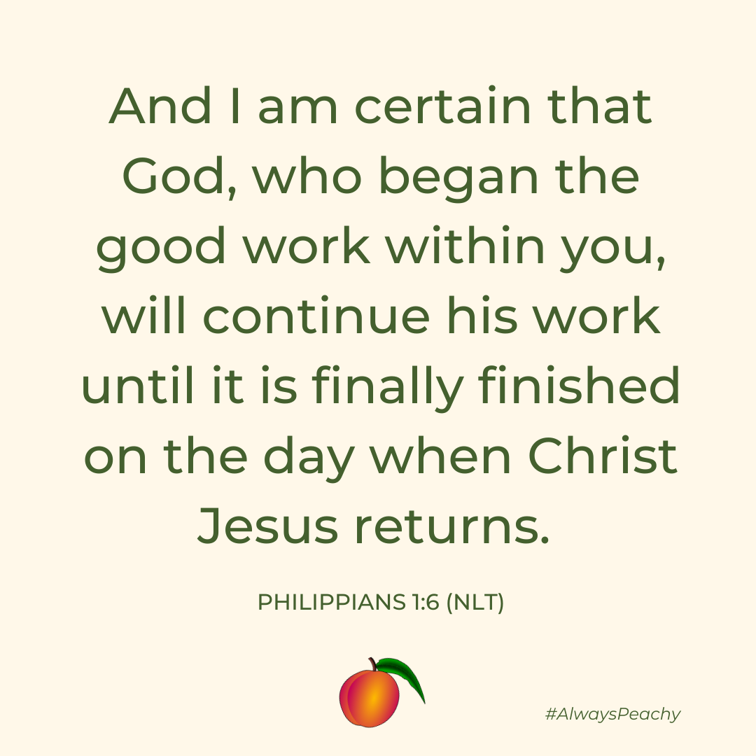 And I am certain that God, who began the good work within you, will continue his work until it is finally finished on the day when Christ Jesus returns. Philippians 1:6