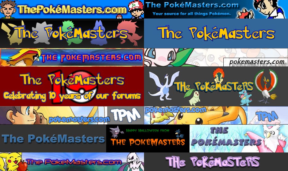 A collection of banners featured on The PokéMasters between 1998 and 2024