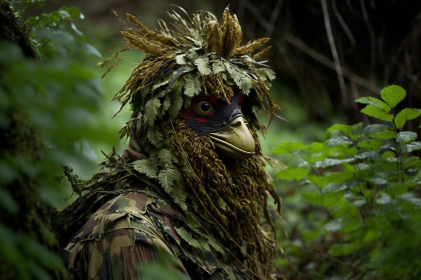 AI-generated image of a Rooster in a ghillie suit