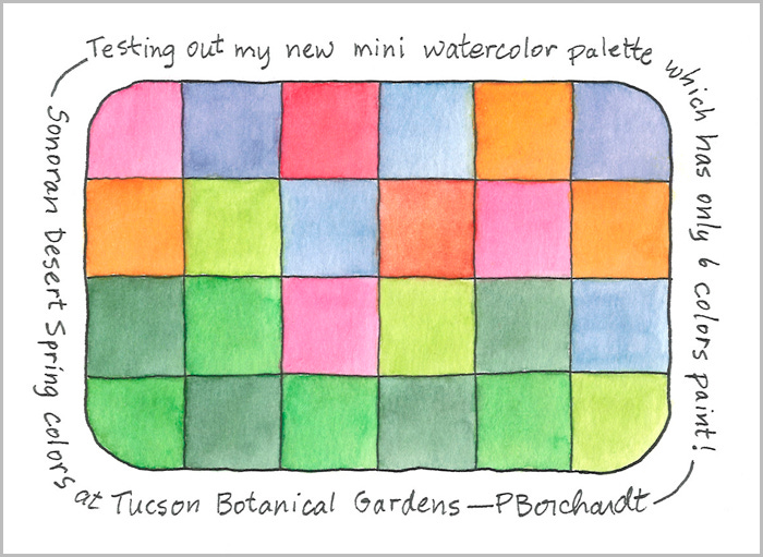 Testing out my new mini watercolor palette, Sonoran Desert Spring colors, Tucson Botanical Gardens (pen & watercolor)
