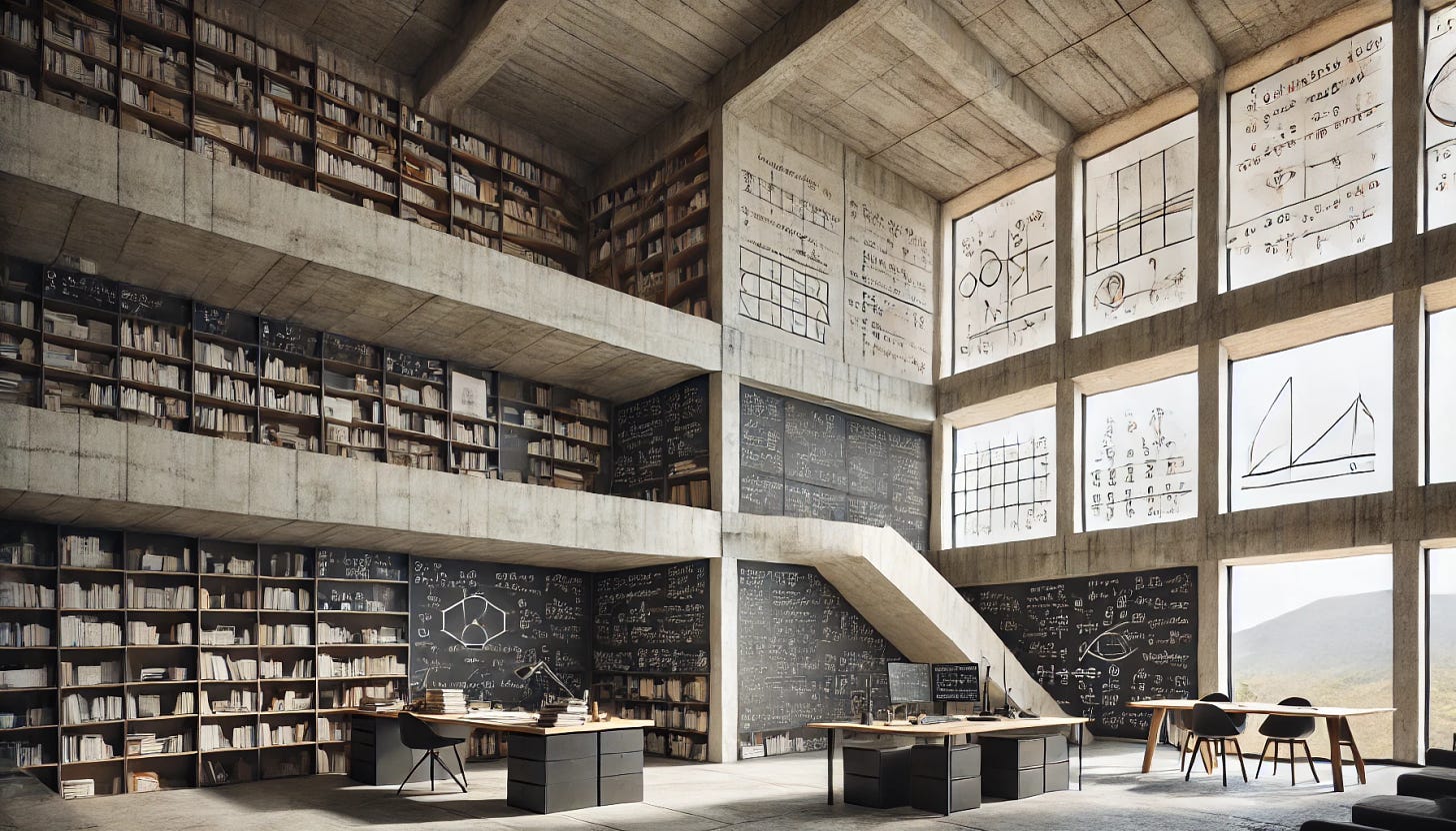 A brutalist architecture office designed for a math researcher. The building is characterized by its raw concrete surfaces, geometric shapes, and minimalist design. Large, angular windows allow natural light to flood the workspace. The interior features exposed concrete walls, industrial-style furniture, and shelves filled with mathematical books and research papers. There are whiteboards covered in complex equations and diagrams. The overall atmosphere is stark, functional, and highly focused on research and intellectual work.