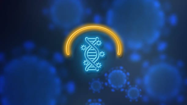 dna-förorenat virus symbol på neonljus mot blå bakgrund för att varna mot coronavirus covid-19 - dna contamination bildbanksfoton och bilder