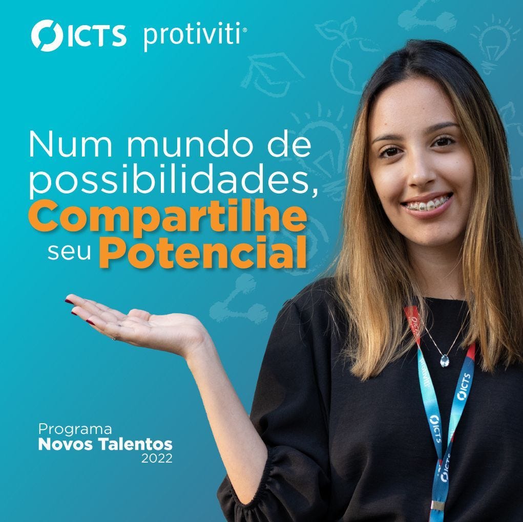 Garota com cordão de crachá da ICTS estende a mão para a frase "Num mundo de possibilidades, compartilhe seu potencial"