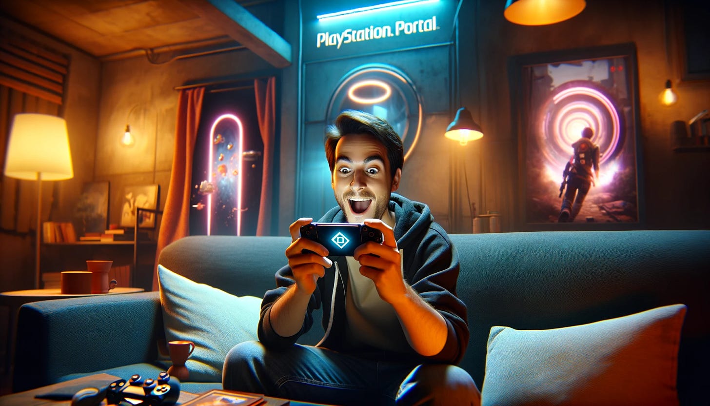 Illustration of someone playing PlayStation Portal games on an iPad by Dall-E