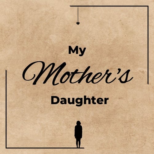 The cover image of My Mother's Daughter, with that text, a dangling heart at the top, and a child's silhouette at the bottom.