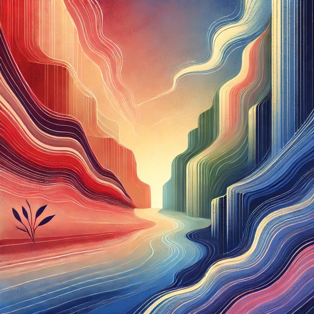 Abstract digital painting of a canyon landscape with vivid, flowing layers in red, blue, green, and gold tones. The canyon walls appear as soft, curving lines, representing a harmonious blend of shapes and colors. A small plant silhouette in the foreground adds a touch of life to the surreal and tranquil scene, symbolizing growth and resilience within the vast, layered canyon.