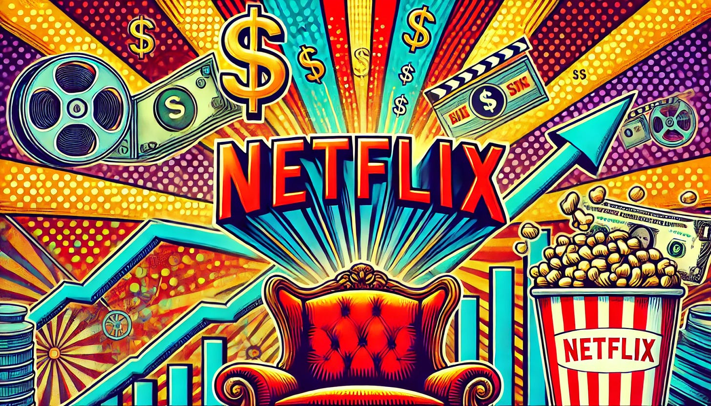 A vibrant pop-art style illustration showing the Netflix logo soaring towards new stock market highs. The image features bold and energetic colors with elements like stock charts and dollar signs rising around the Netflix logo. The background hints at cinema and entertainment, with symbols like film reels, popcorn, and movie tickets. The overall mood is optimistic and dynamic, reflecting the company's strong market performance.