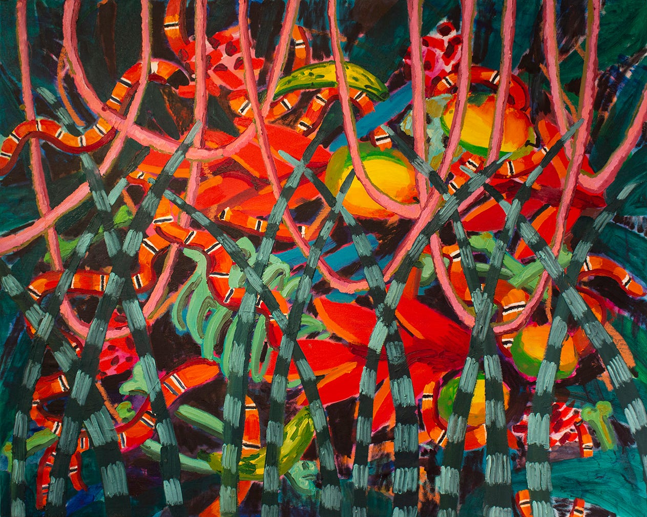 Coral Snakes and Vines, acrylic and oil on canvas, 46”x57.5”