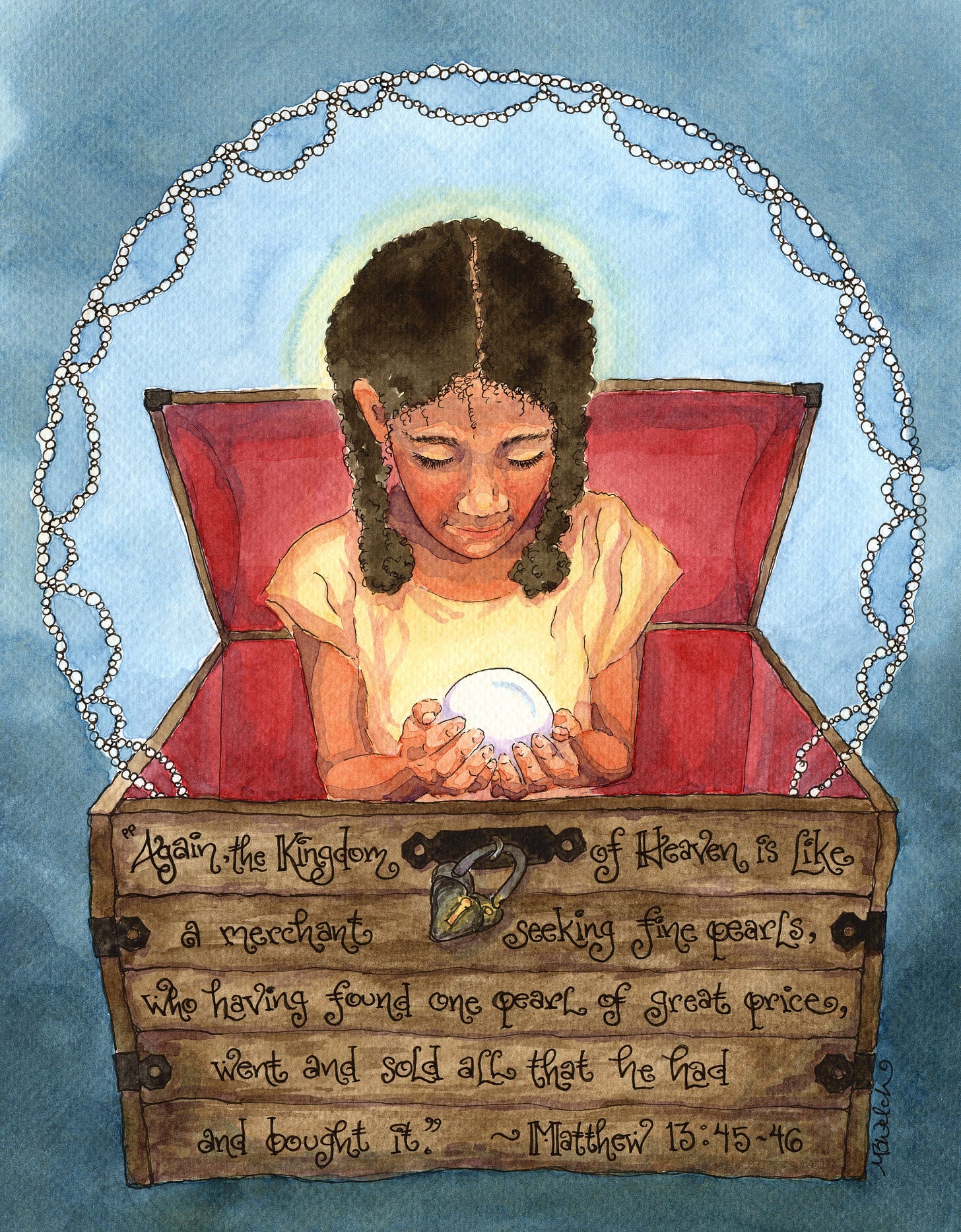 A girl with light brown skin and dark brown hair sits in a red chest while holding a large peal in her hands. The chest is inscribed with the text of the Parable of the Great Pearl from the Gospel of Matthew.