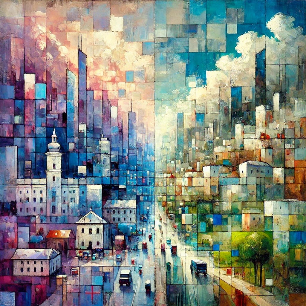 A highly abstract, square-shaped painting (1024x1024) inspired by political tension between urban and rural Austria. Use only simple, freeform shapes without any recognizable symbols. Let the city be a cool-toned haze of layered blues, purples, and soft pinks, while the countryside glows with muted earth tones like olive green and ochre. The divide is expressed through chaotic overlapping fields of color, not a clear line. Introduce playful, energetic brushstrokes and blurred edges to create a feeling of confusion and fragmentation. No realism, only emotion, movement, and layered textures.