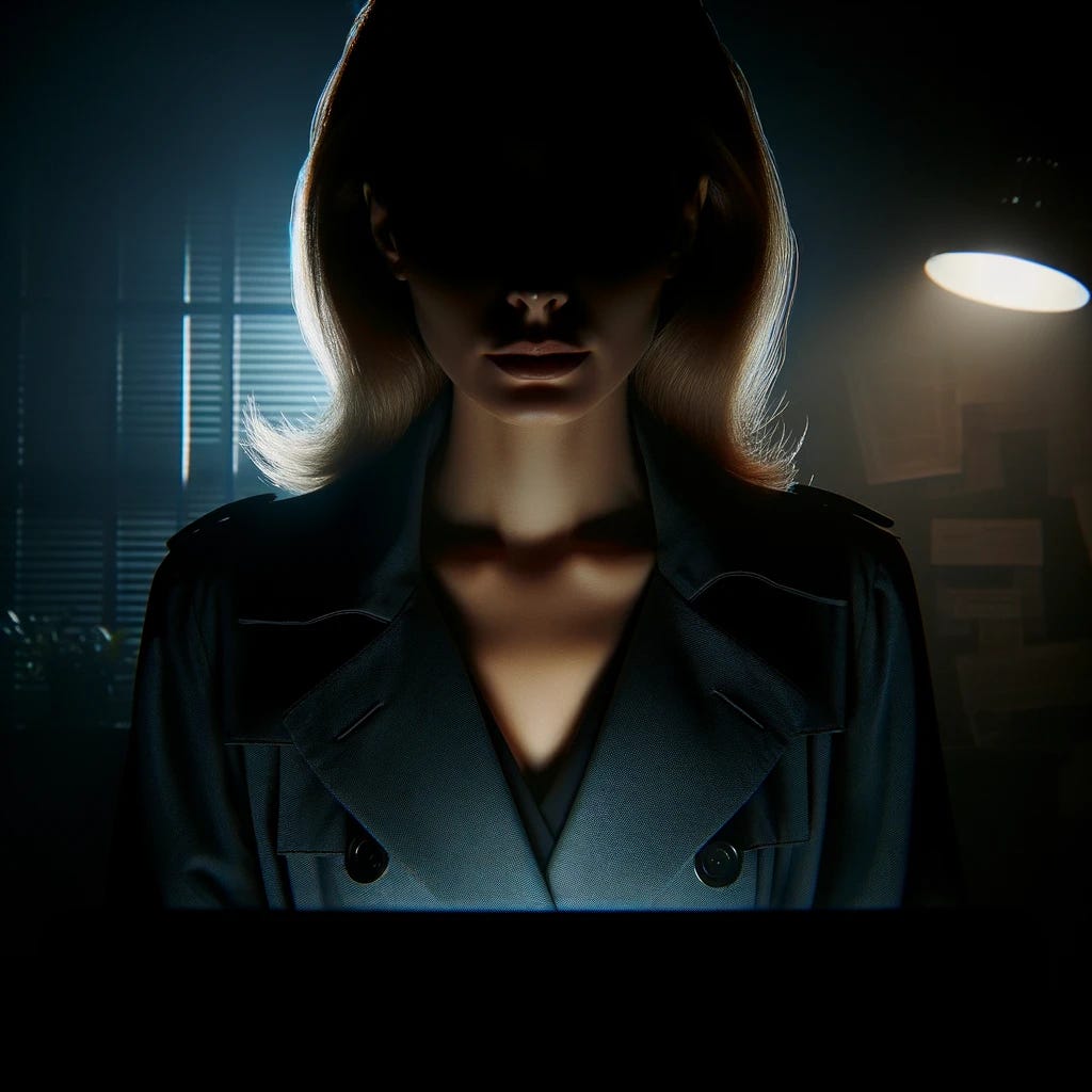 A mysterious female figure in a very dark room, her face completely obscured by shadow, illuminated only by the faint glow of a computer screen, creating an aura of mystery and investigation. The scene is noir-inspired, emphasizing the theme of secrecy and intrigue, without revealing any facial features.