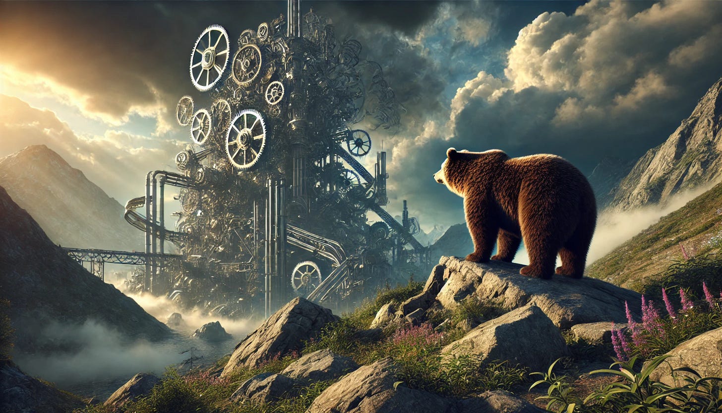 A majestic bear standing on a rocky outcrop, gazing at a vast mechanical structure in the distance. The structure is an intricate fusion of towering gears, pipes, and futuristic metallic elements, stretching across the landscape. The scene is illuminated by a moody, atmospheric sky, casting a dramatic glow over the bear and the machine. The environment blends nature and industrialism, highlighting the contrast between the wild and the mechanical.