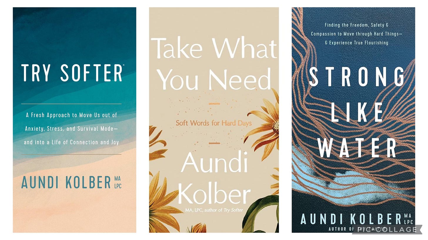 a picture of covers of the three books by Aundi Kolber: Try Softer, Take What You Need, and Strong Like Water