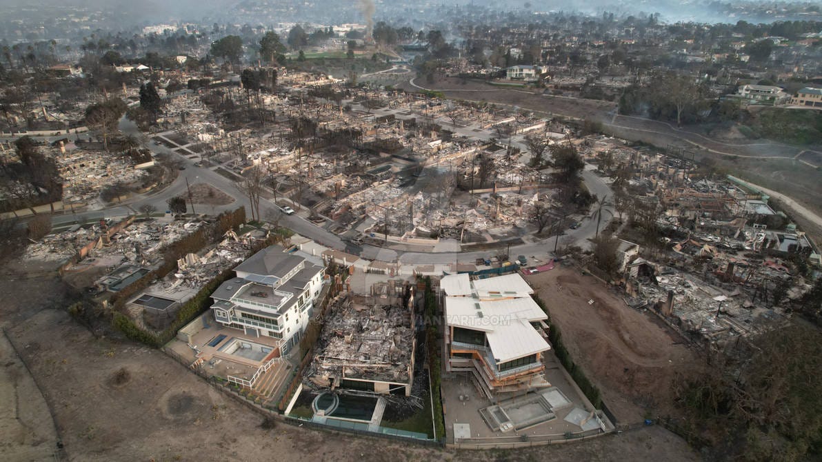 Pacific Palisades, Calif, after January 2025’s wildfires destroyed most of the city. Photo by DeviantArt