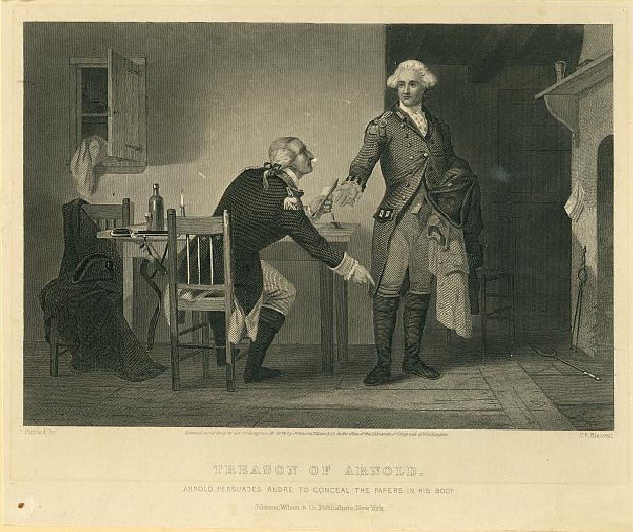 "Treason of Arnold: Arnold persuades Andre to conceal the papers in his boot," by C.F. Blauvelt.