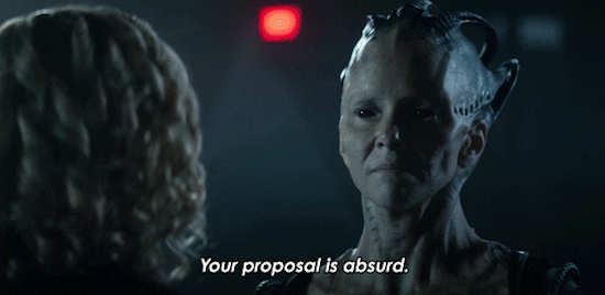 This GIF (repeated moving image) shows the Borg Queen (played by Annie Wersching) telling Dr. Agnes Jurati (played by Alison Pill) "Your proposal is absurd" when Jurati suggests, at the climax of "Hide and Seek" (Star Trek: Picard Season 2's ninth episode) that they form a new, kinder, gentler Borg Collective. This GIF (repeated moving image) shows the Borg Queen (played by Annie Wersching) telling Dr. Agnes Jurati (played by Alison Pill) "Your proposal is absurd" when Jurati suggests, at the climax of "Hide and Seek" (Star Trek: Picard Season 2's ninth episode) that they form a new, kinder, gentler Borg Collective.