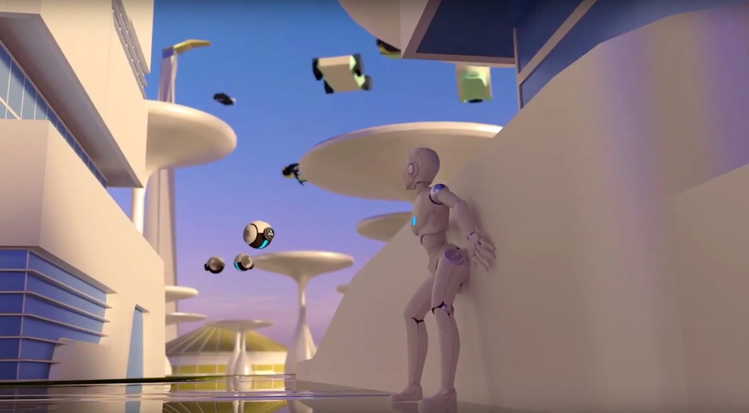 Screenshot of animation with white colored robot up against a white wall. Smaller robot devices are hovering in the air.