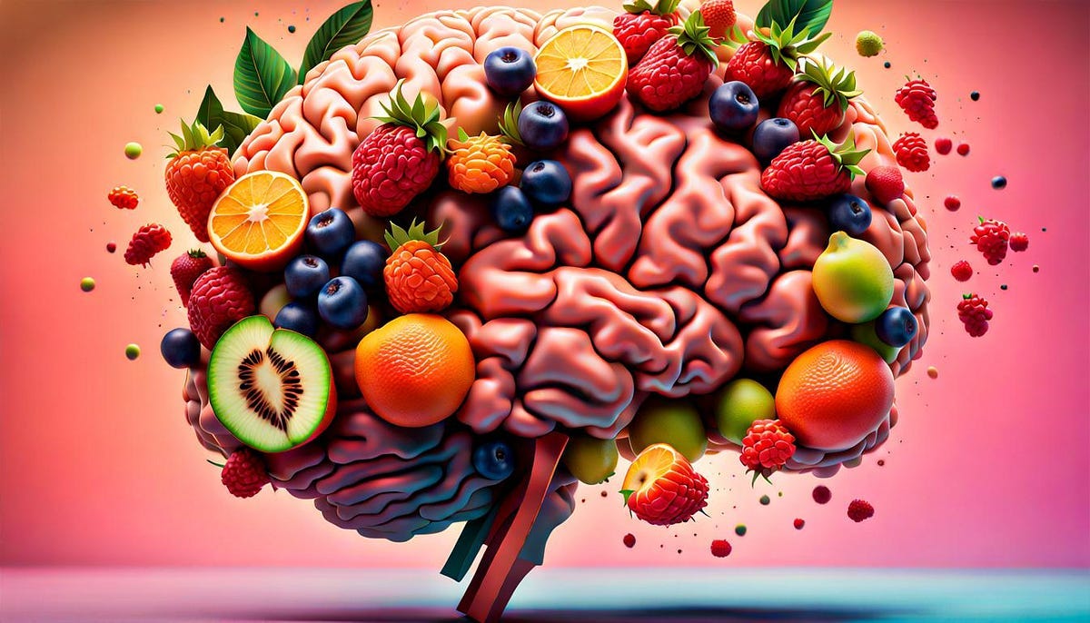 human brain with bunch of fruit on top