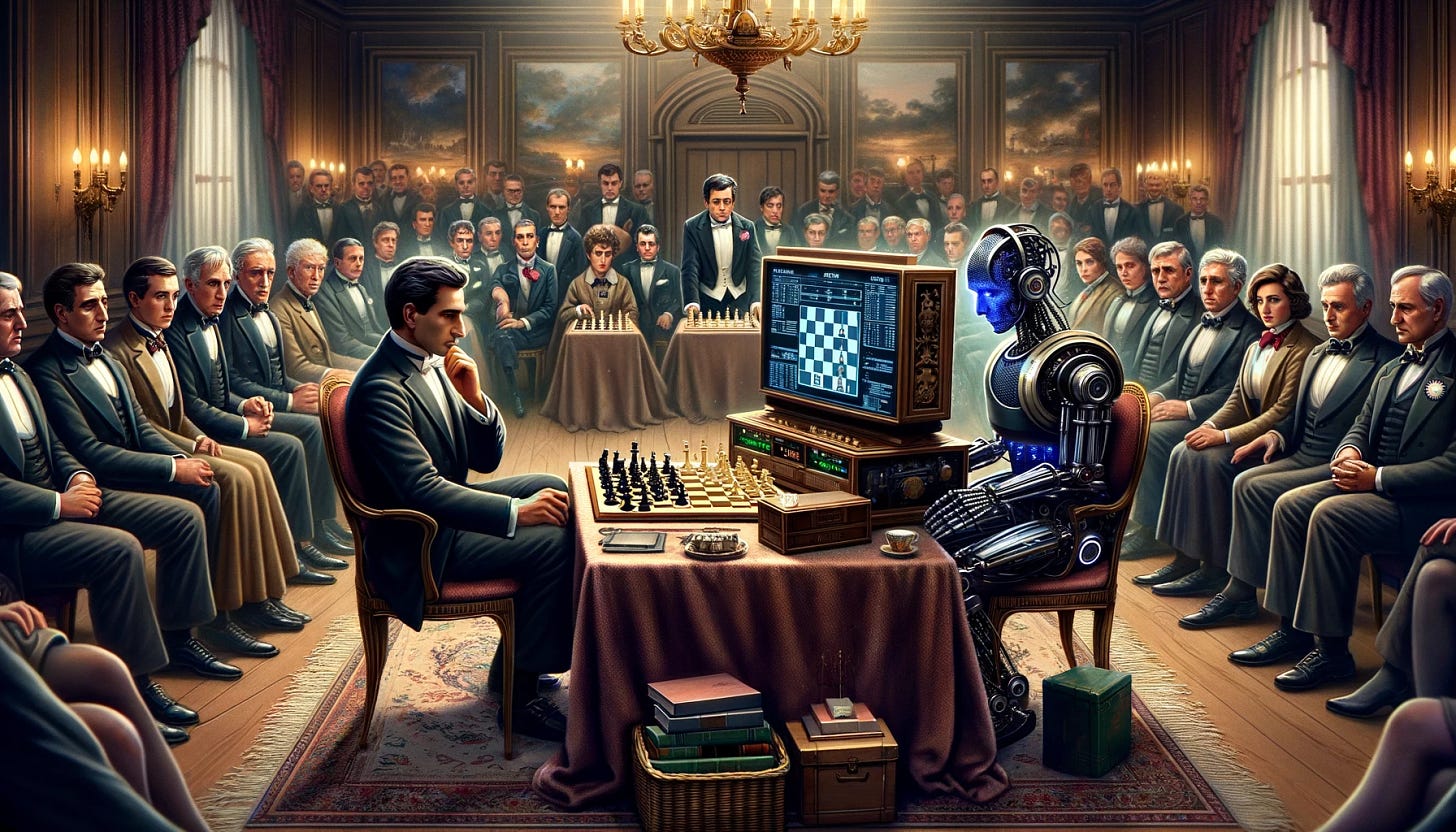 A chess match in an elegant room, depicting a human player and a computer as opponents. The human, on the left, is a man with a focused expression, sitting at a chess table. On the right side, instead of a human, there is a sophisticated, advanced computer system representing the opponent. This computer system has a display showing a chessboard with the ongoing game, and is labeled "Deep Blue". The room is filled with spectators, some of whom express surprise and intrigue. The atmosphere is tense, resembling a historic, high-stakes chess tournament.