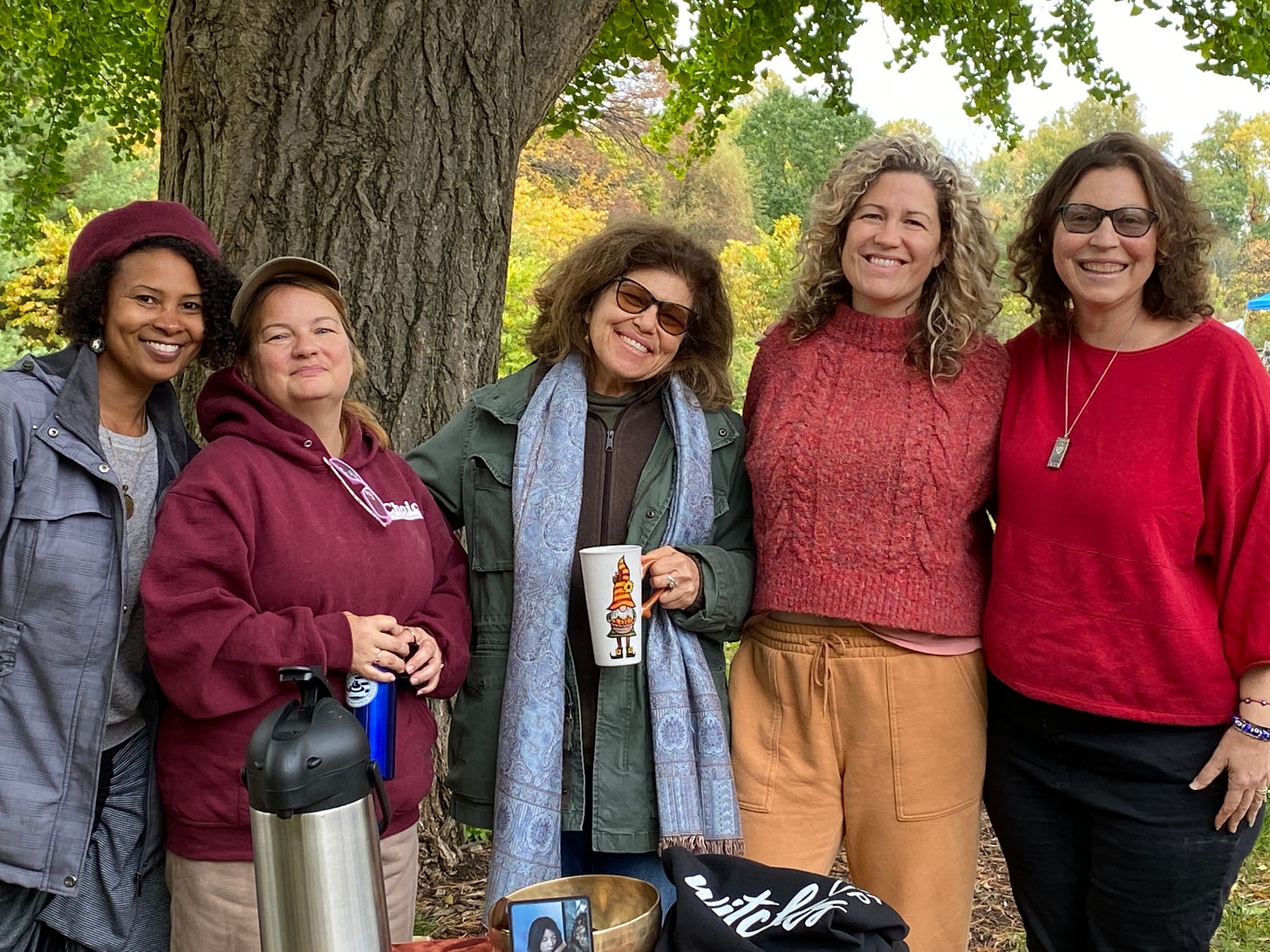 Six images include Ava, a beautiful brownskinned woman, a collage of tea and crsytalsfive women stand under a large tree, 