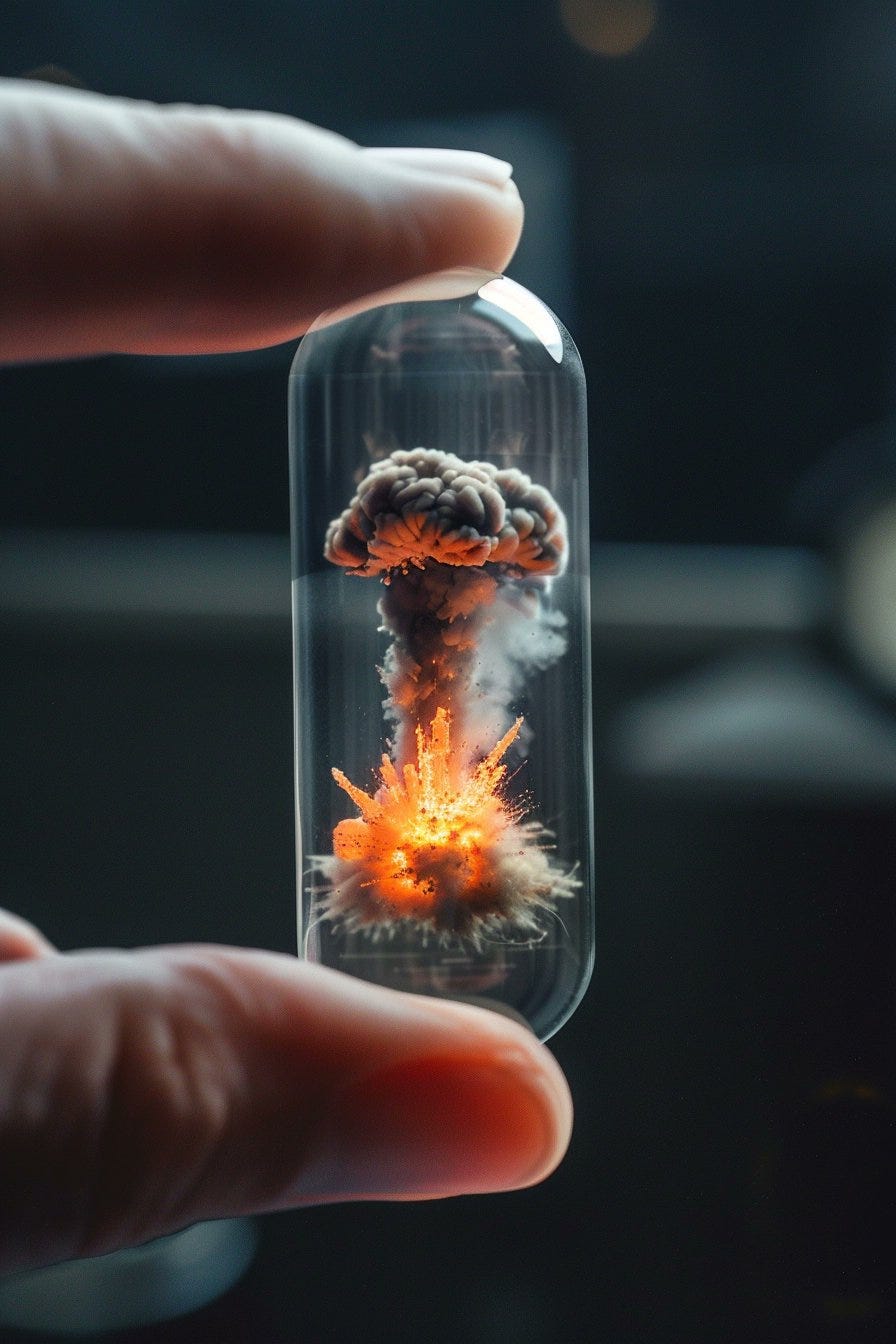 A transparent glass of very very small slim capsule is being held by fingers, inside the capsule there is a nuclear explosion, there is smoke and fire, the background of a cozy room, dark light, cinematic, ultra HD, very detailed, sharp focus, long shoot photography. --ar 2:3 --style raw