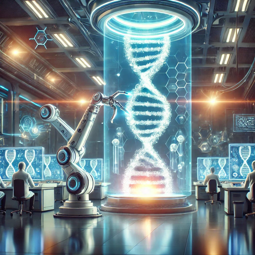 A futuristic laboratory with advanced technology showing a glowing, human-sized DNA strand being manipulated by robotic arms. The environment is clean and high-tech, filled with bright lights and holographic screens displaying scientific data. The DNA strand represents a cure for cancer, glowing with a soft, healing light. In the background, a team of scientists in lab coats watches the process, their expressions hopeful and focused. The atmosphere is filled with a sense of groundbreaking medical achievement and optimism.