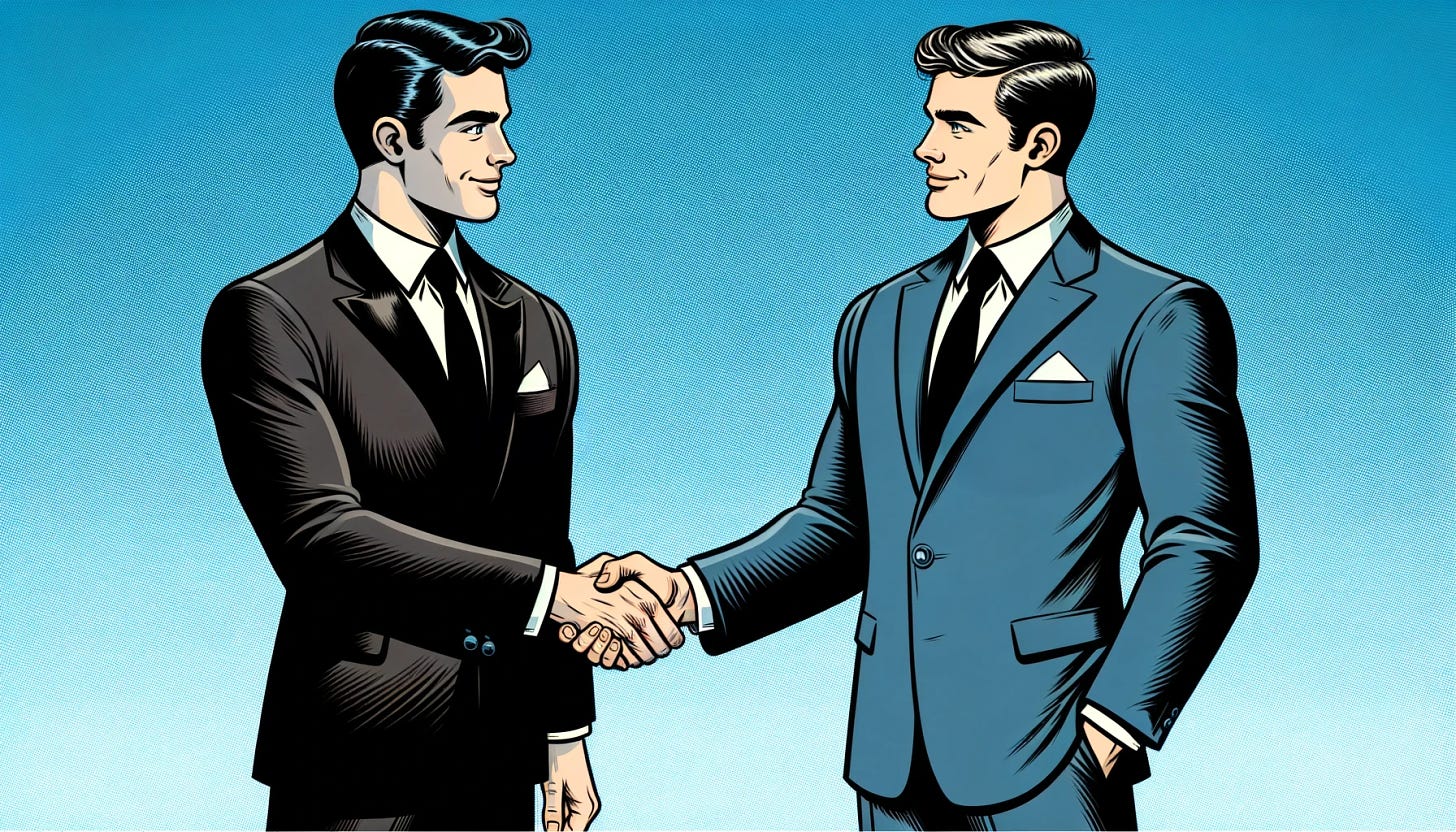 Cartoon-style illustration of two distinct businessmen shaking hands, one in a sleek black suit and the other in an elegant light blue suit, without any text or logos. Both should have unique features and a professional yet friendly demeanor. The background should be a subtle, gradient blue, providing a modern and clean look. The style should maintain the vintage comic book aesthetic with bold lines and vivid colors, focusing solely on the two men shaking hands.