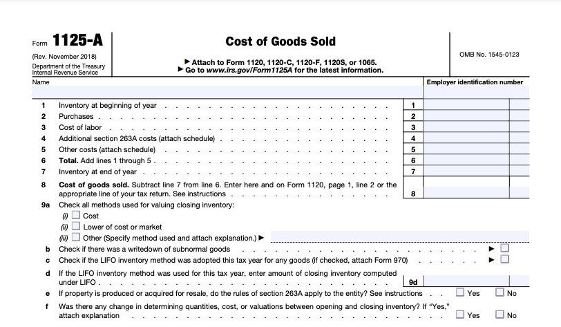 A screenshot of Form 1125-A, Cost of Goods Sold.