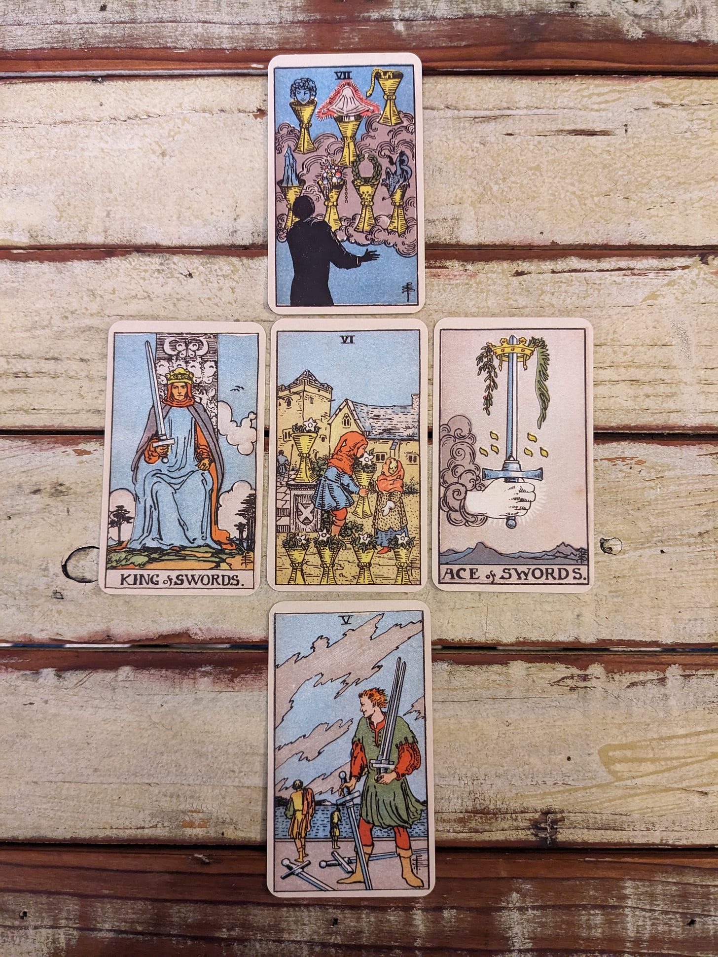 French Cross Tarot Spread, RWS Tarot Deck 1909 version