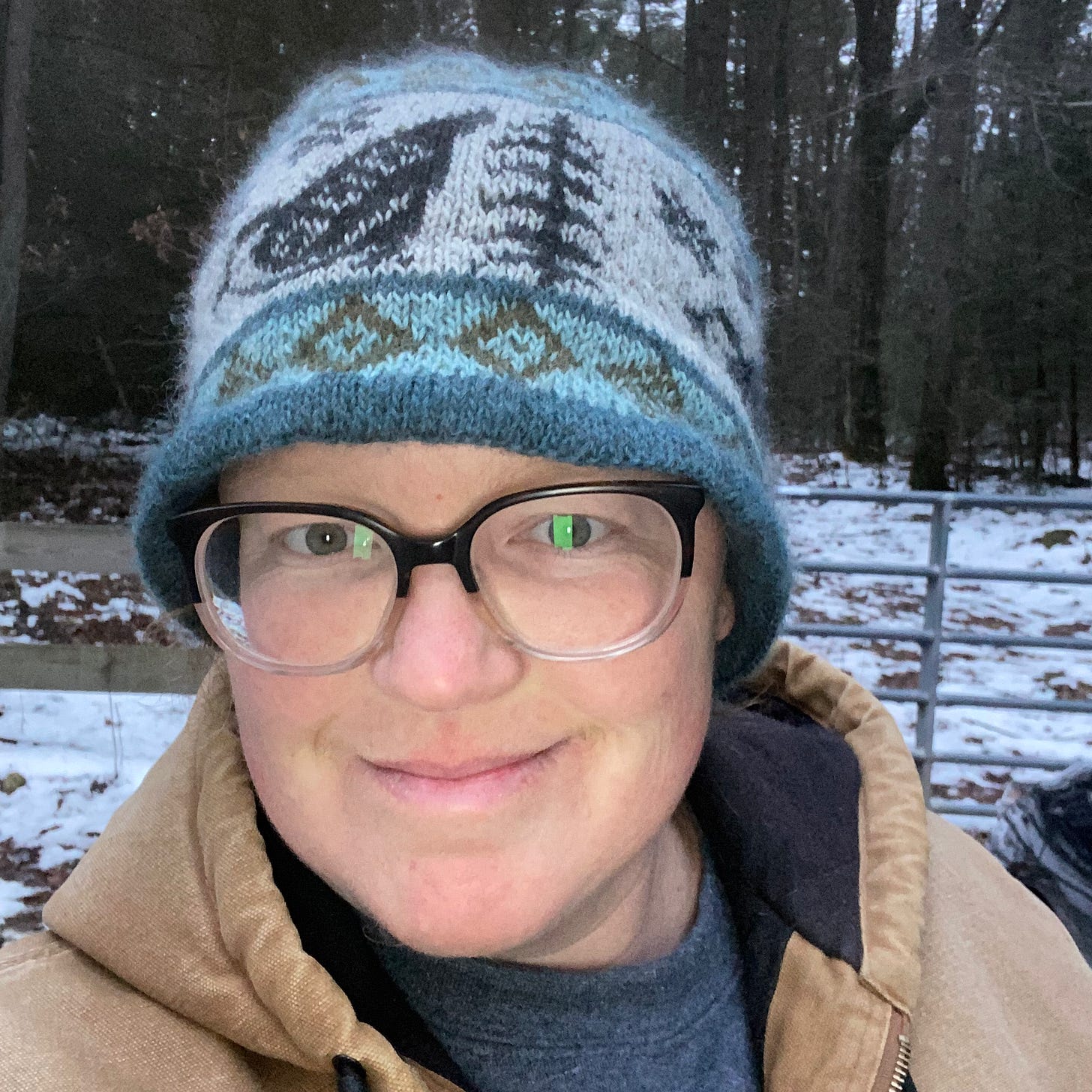 I’m standing outside wearing a knitted hat patterned with nuthatches and trees.