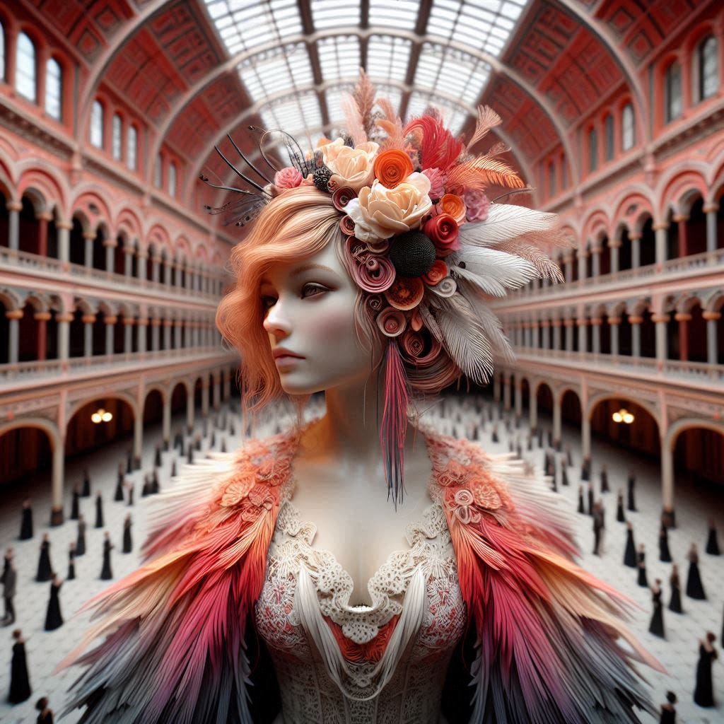 hyper realistic tiltshift 5d angle glass embedded RED Altgeld hall building/ black,coral orange, pink and cream, olive/ woman inside Altgeld hall in red,pink,midnightblue, white Victorian bust / white feather scarf/ psychadelic steampunk headdress/water in resin/soft, beautiful/ honey-wood and copper/ Marquetry, verdigris./ standing on stage/ people dancing in distance/ In the style of Michael Parkes. black etching/ black linework/ white tiger / black sky 