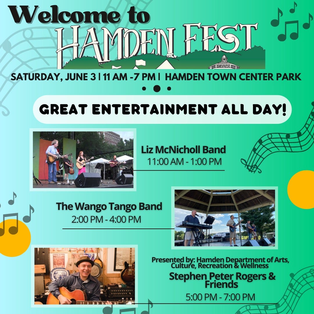 May be an image of 7 people, musical instrument and text that says 'Welcome to HAMDEN FEST ZANA SATURDAY, JUNE 3 11 AM -7 PM HAMDEN TOWN CENTER PARK GREAT ENTERTAINMENT ALL DAY! zMcNicholl Band 11:00 AM- 1:00 PM The Wango Tango Band 2:00 PM 4:00 PM Presented by: Hamden Department of Arts, Culture, Recreation &Wellness Stephen Peter Rogers & Friends 5:00 PM- 7:00 PM'