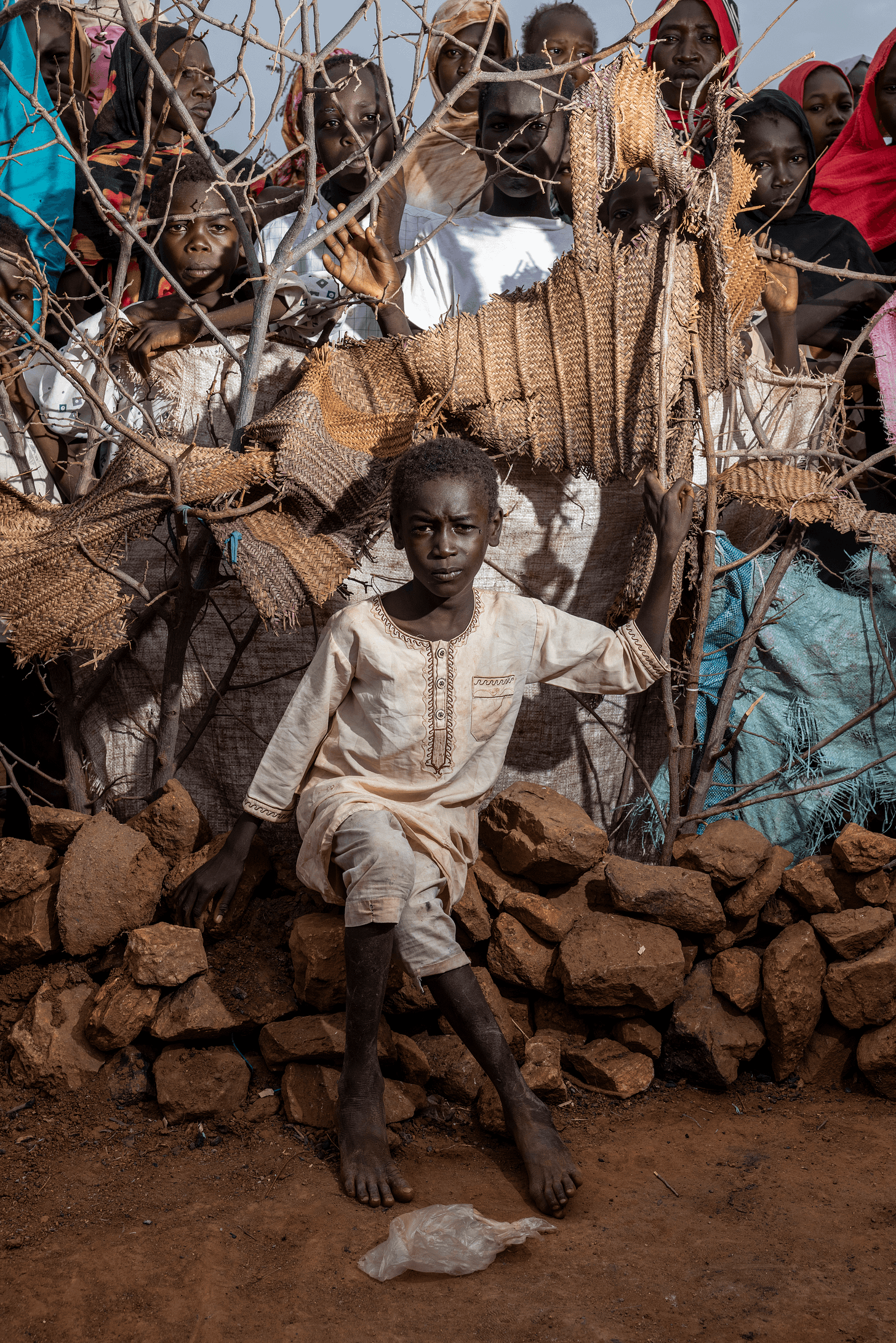 A child sits on a pile of rocks in front of a tree. A group of people stand behind him and peer through the tree branches.